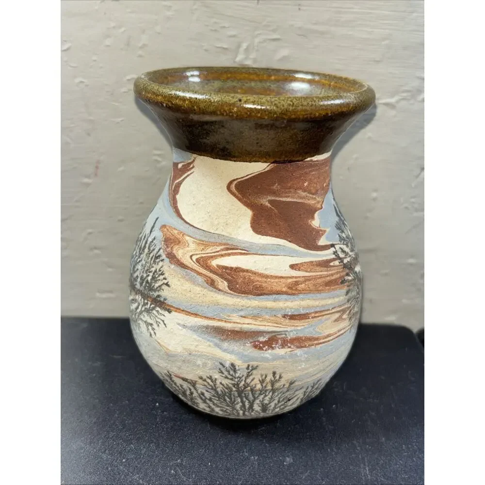 Potters Hand Pottery - Earthenware Vase w/ Painted Trees & Earthtone Background